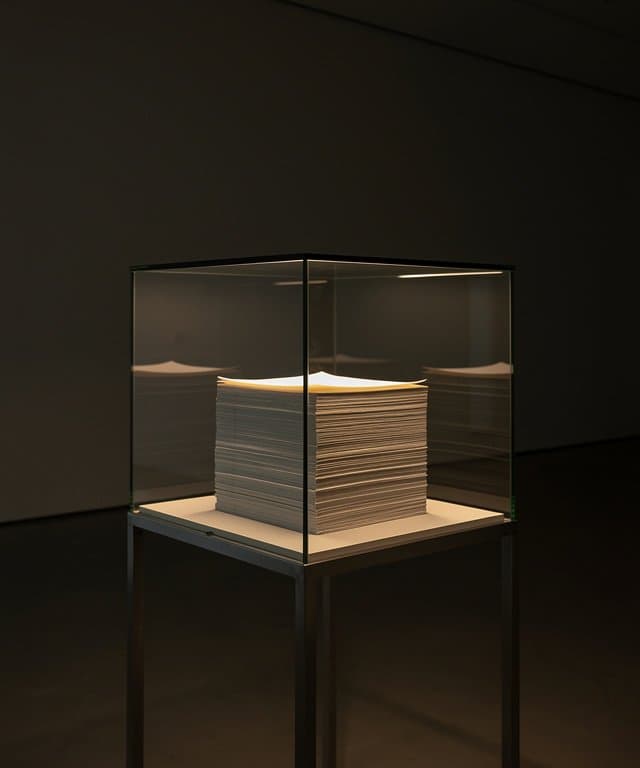 Minimal gallery installation photograph of a softly illuminated glass vitrine containing a precise stack of folded off-white paper sheets, visible crisp creases, viewed slightly from the side, dark quiet contemporary exhibition room, warm internal case lighting, subtle reflections on glass, no people, no text