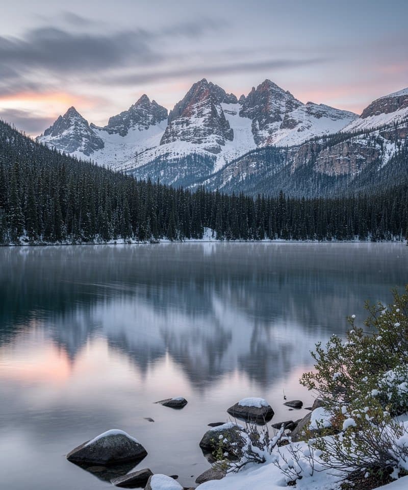 Vertical landscape photograph of a still alpine lake in Washington's Alpine Lakes Wilderness just after the first snow, dark evergreen edge, fresh snow tracing the granite peaks, pale dawn light and faint cloud reflection on water, crisp large-format detail, quiet natural palette, no people, no buildings, no text.