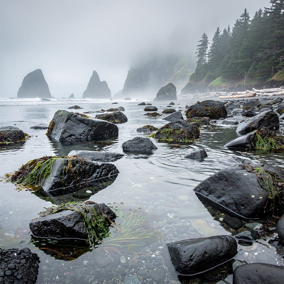 Square detailed coastal landscape photograph at Ruby Beach, Washington, tide pools reflecting a pale overcast sky among black rocks, distant sea stacks softened by a thin veil of sea mist, subtle green kelp and silver water, natural subdued tones, fine large-format detail, no people, no text.