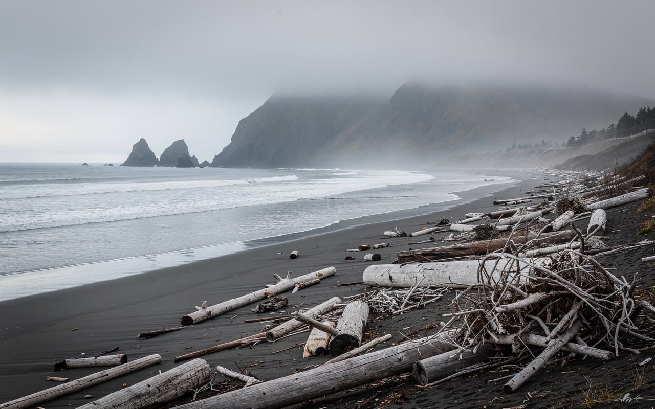 Wide landscape photograph of the remote Olympic coast in Washington under low coastal fog, pale grey surf rolling onto driftwood-strewn shore, dark wet sand and distant headland fading into mist, soft natural light with subtle tonal detail, fine large-format photographic realism, no people, no structures, no text.